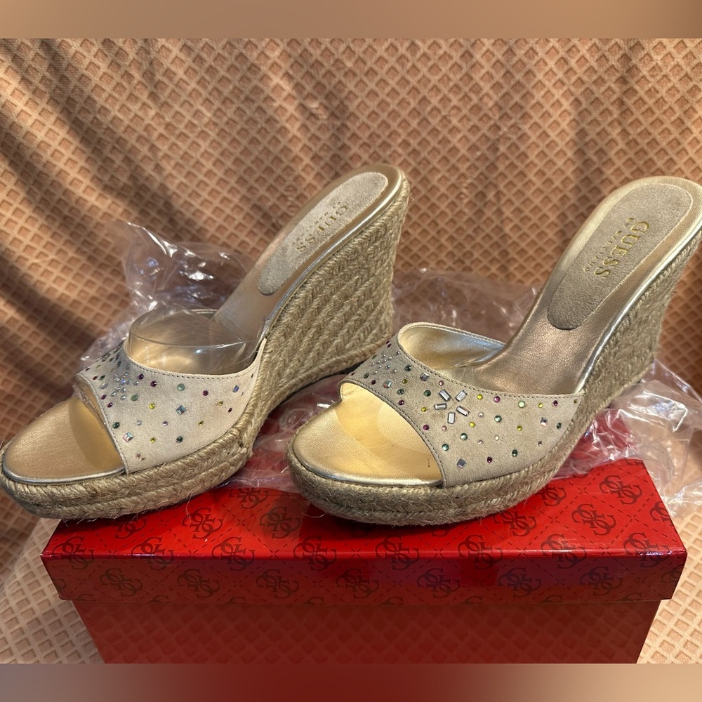 GUESS By Marciano Beige Suede Slip On Wedges with Woven High Heel